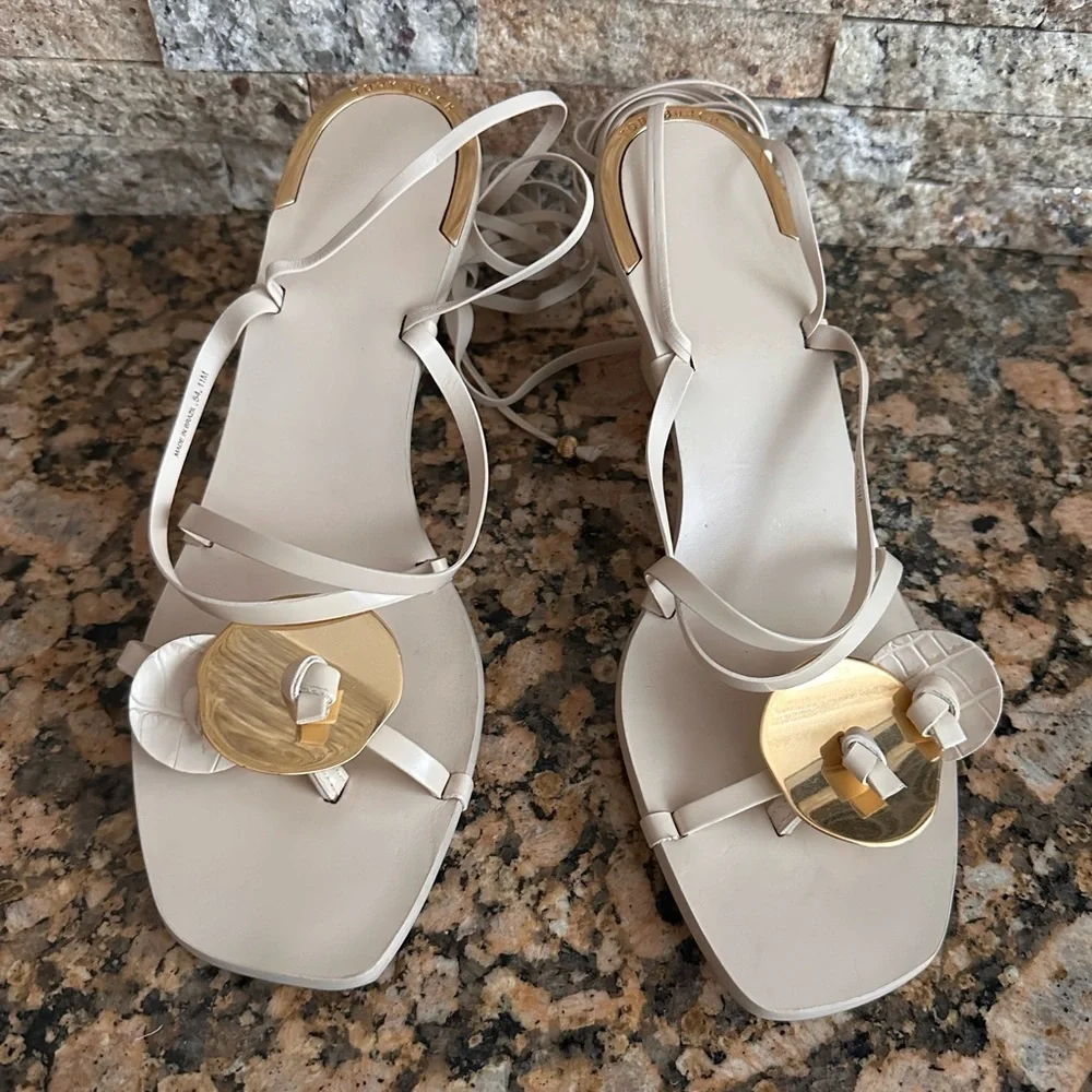 Tory Burch Knotted Leather Ankle-Tie Sandals New Cream